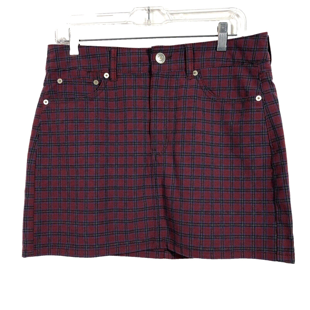 American Eagle Burgundy Plaid Hi-Rise Mini Skirt Grunge Punk Stretchy Women's 8